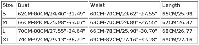 Table displaying clothing size chart with bust, waist, and length measurements.