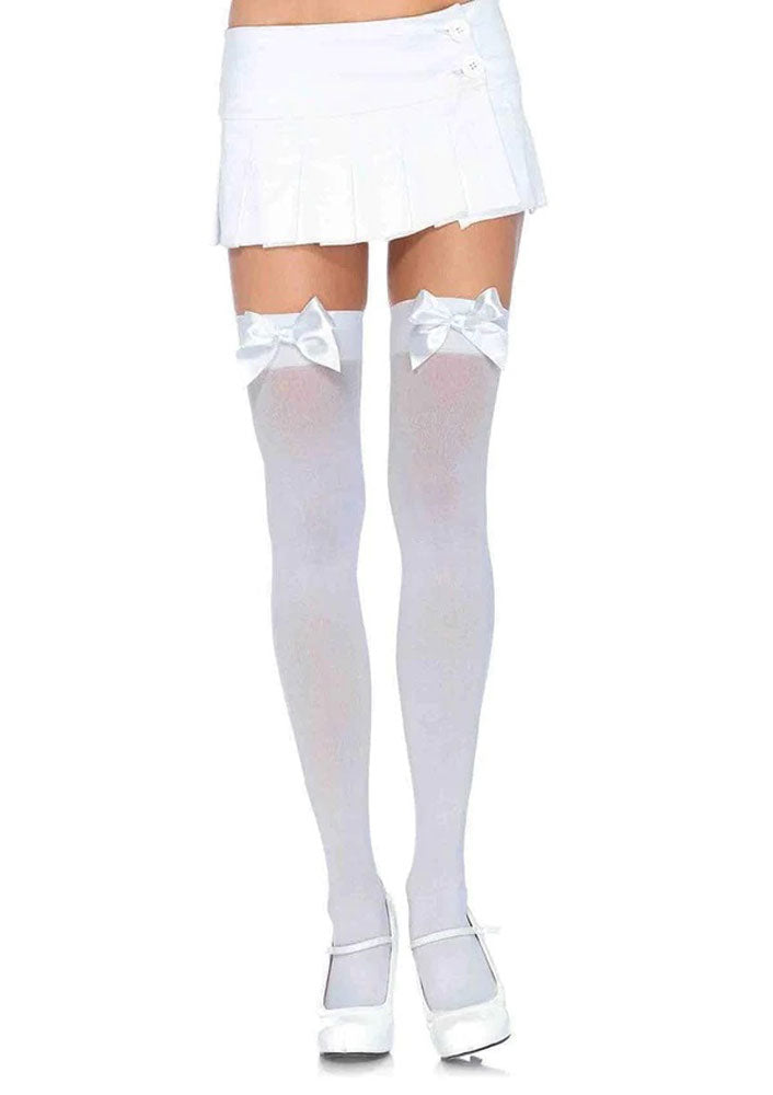 Opaque Thigh Highs With Satin Bow Accent - One Size - White - Love it Curvy