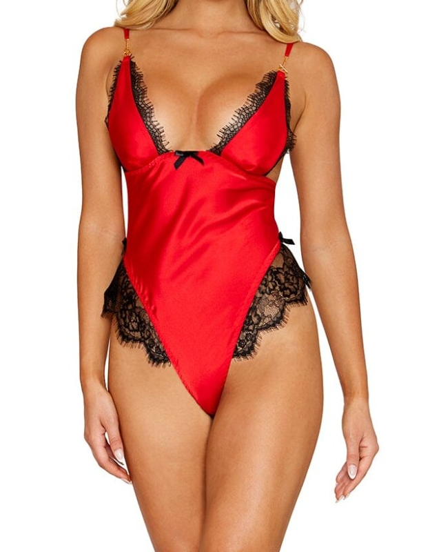 Full garment front view of the Poinsetta red satin teddy with black lace trim