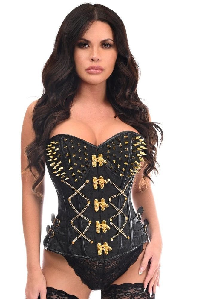 Top Drawer Black Brocade & Gold Spikes Steel Boned Corset - Love it Curvy