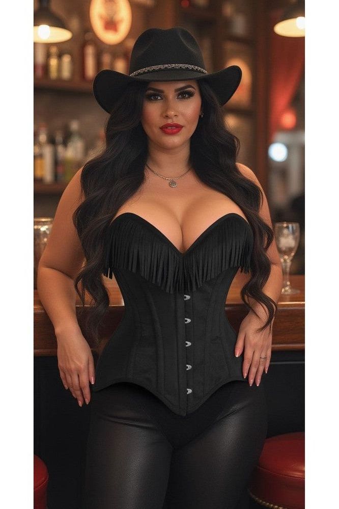 Top Drawer Black Suede Steel Boned Overbust Corset w/Fringe