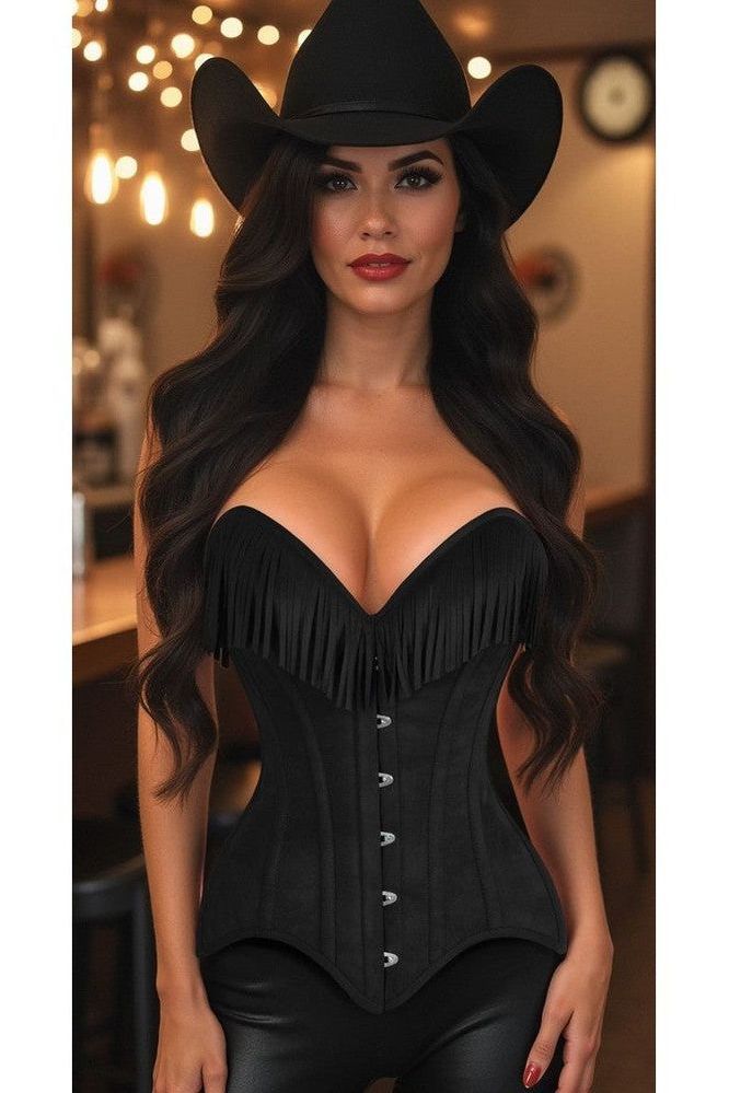 Top Drawer Black Suede Steel Boned Overbust Corset w/Fringe