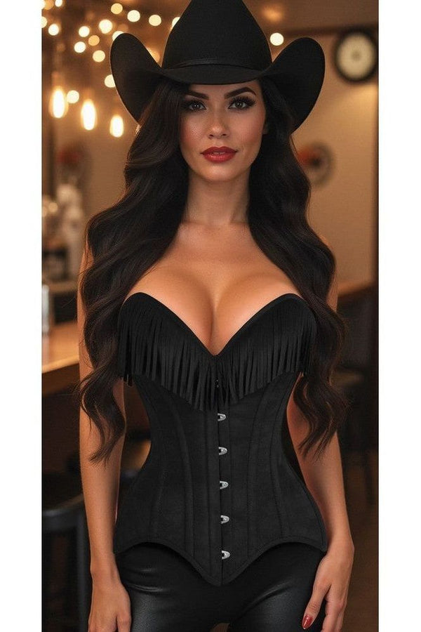 Top Drawer Black Suede Steel Boned Overbust Corset w/Fringe - Love it Curvy