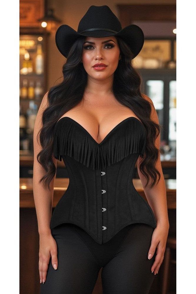 Top Drawer Black Suede Steel Boned Overbust Corset w/Fringe