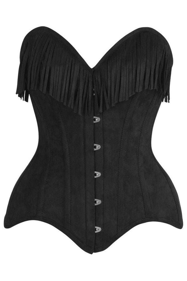 Top Drawer Black Suede Steel Boned Overbust Corset w/Fringe - Love it Curvy