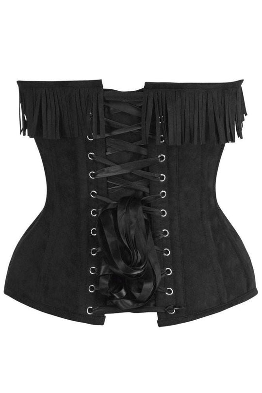Top Drawer Black Suede Steel Boned Overbust Corset w/Fringe - Love it Curvy