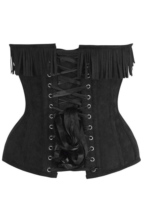 Top Drawer Black Suede Steel Boned Overbust Corset w/Fringe - Love it Curvy