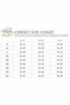 Corset size chart with measurements on a white background