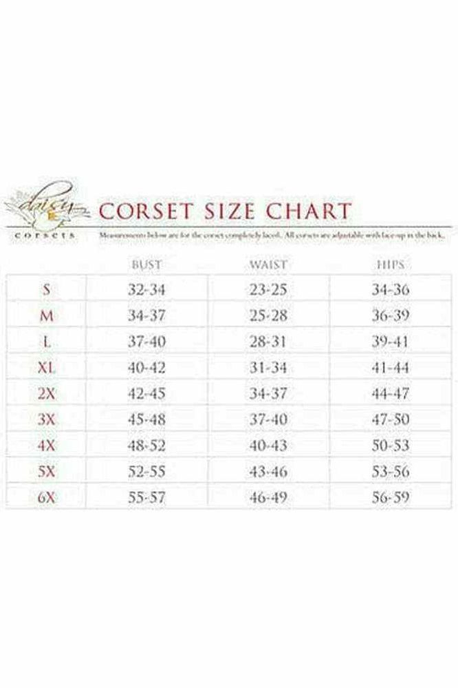 Corset size chart with measurements on a white background