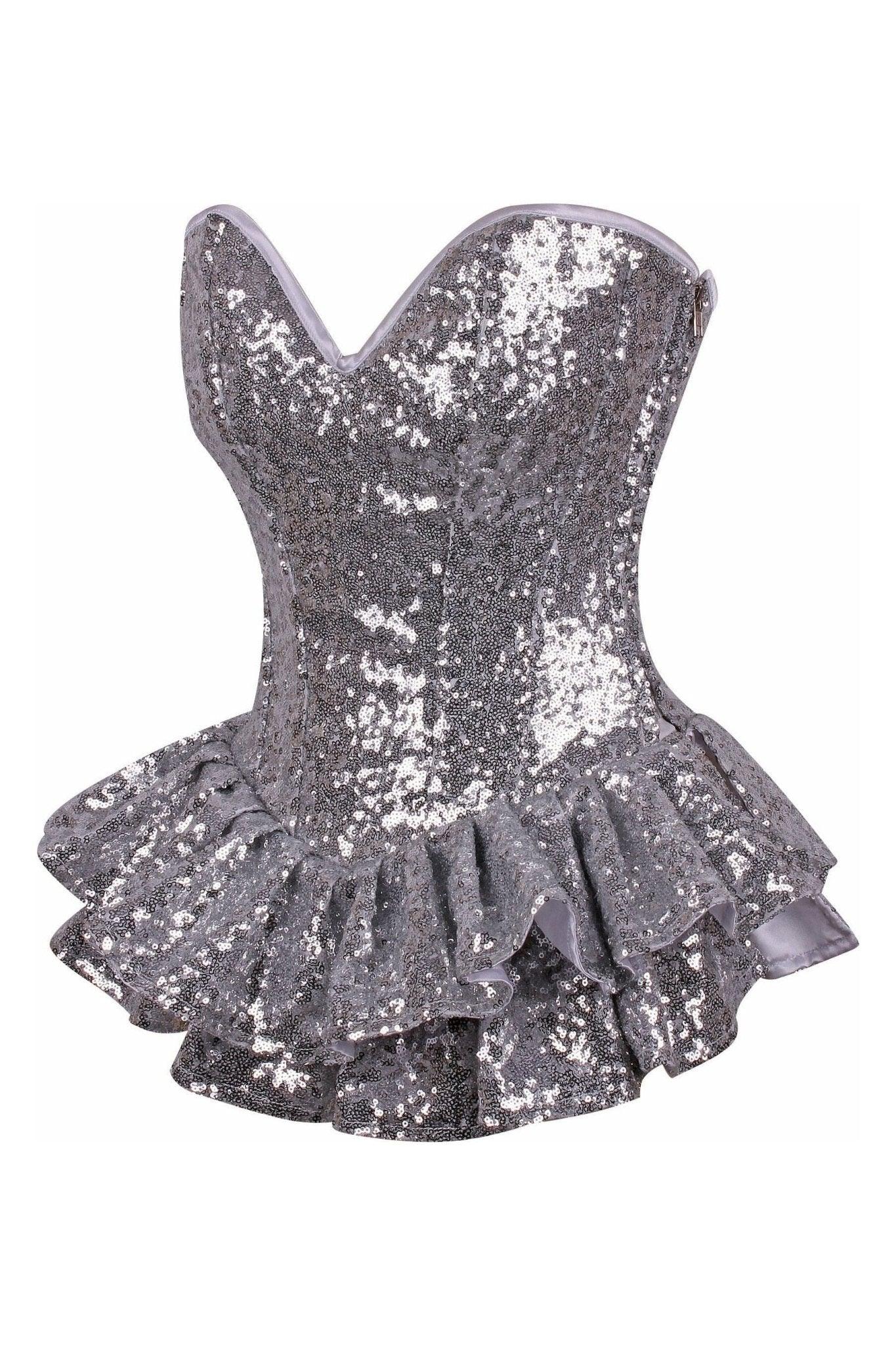 Top Drawer Silver Sequin Steel Boned Mini Corset Dress - TD - 858 - S - Love it Curvy