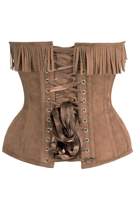 Top Drawer Tan Suede Steel Boned Overbust Corset w/Fringe - Love it Curvy