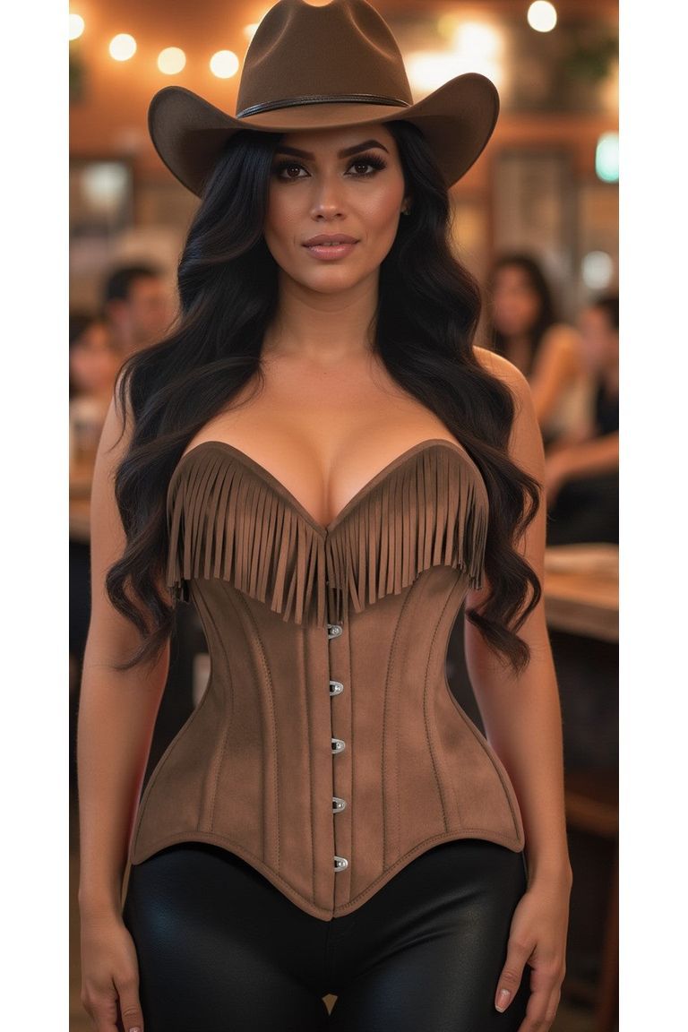 Top Drawer Tan Suede Steel Boned Overbust Corset w/Fringe - Love it Curvy