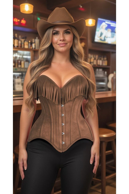 Top Drawer Tan Suede Steel Boned Overbust Corset w/Fringe - Love it Curvy