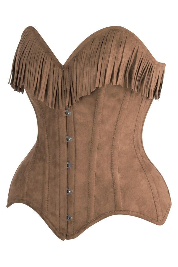 Top Drawer Tan Suede Steel Boned Overbust Corset w/Fringe - Love it Curvy