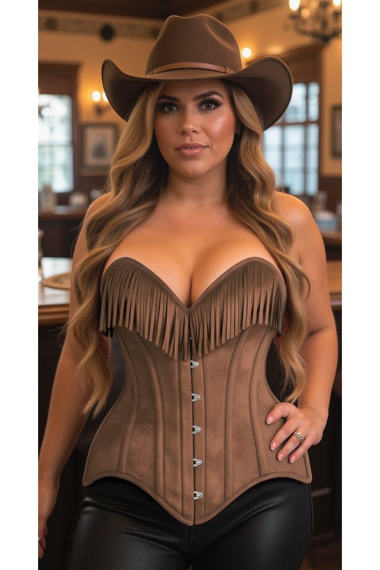 Top Drawer Tan Suede Steel Boned Overbust Corset w/Fringe - Love it Curvy