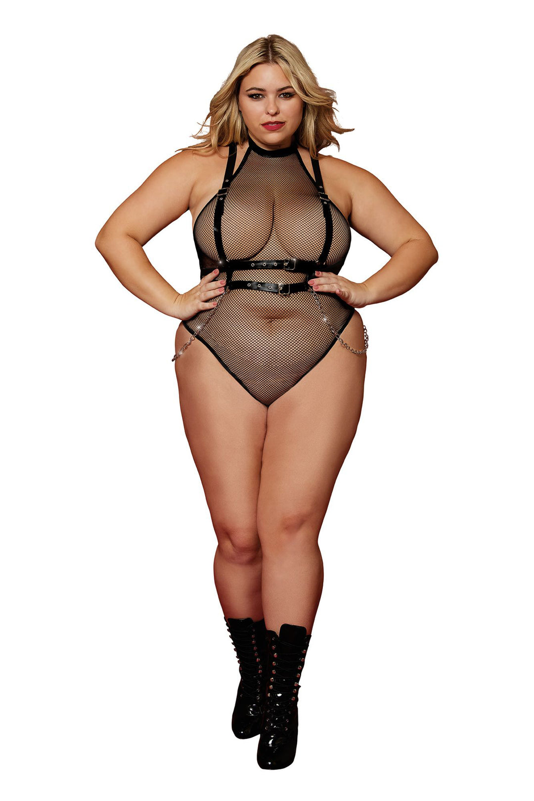 Fishnet teddy and faux-leather harness set. - Queen Size - Black - Love it Curvy