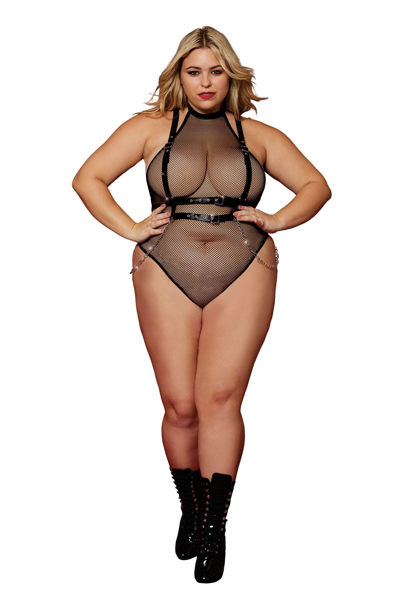 Fishnet teddy and faux-leather harness set. - Queen Size - Black - Love it Curvy