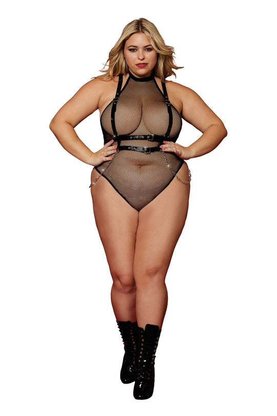 Fishnet teddy and faux-leather harness set. - Queen Size - Black - Love it Curvy