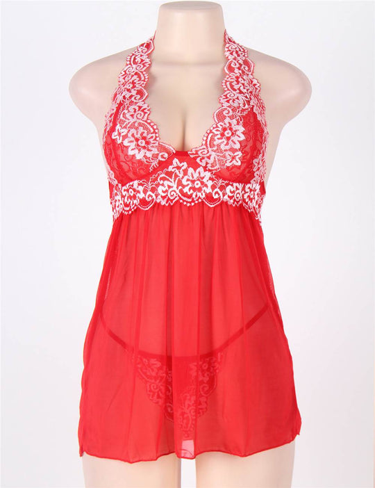 Red Halter Floral Plus Size Babydoll With G-String - Love it Curvy