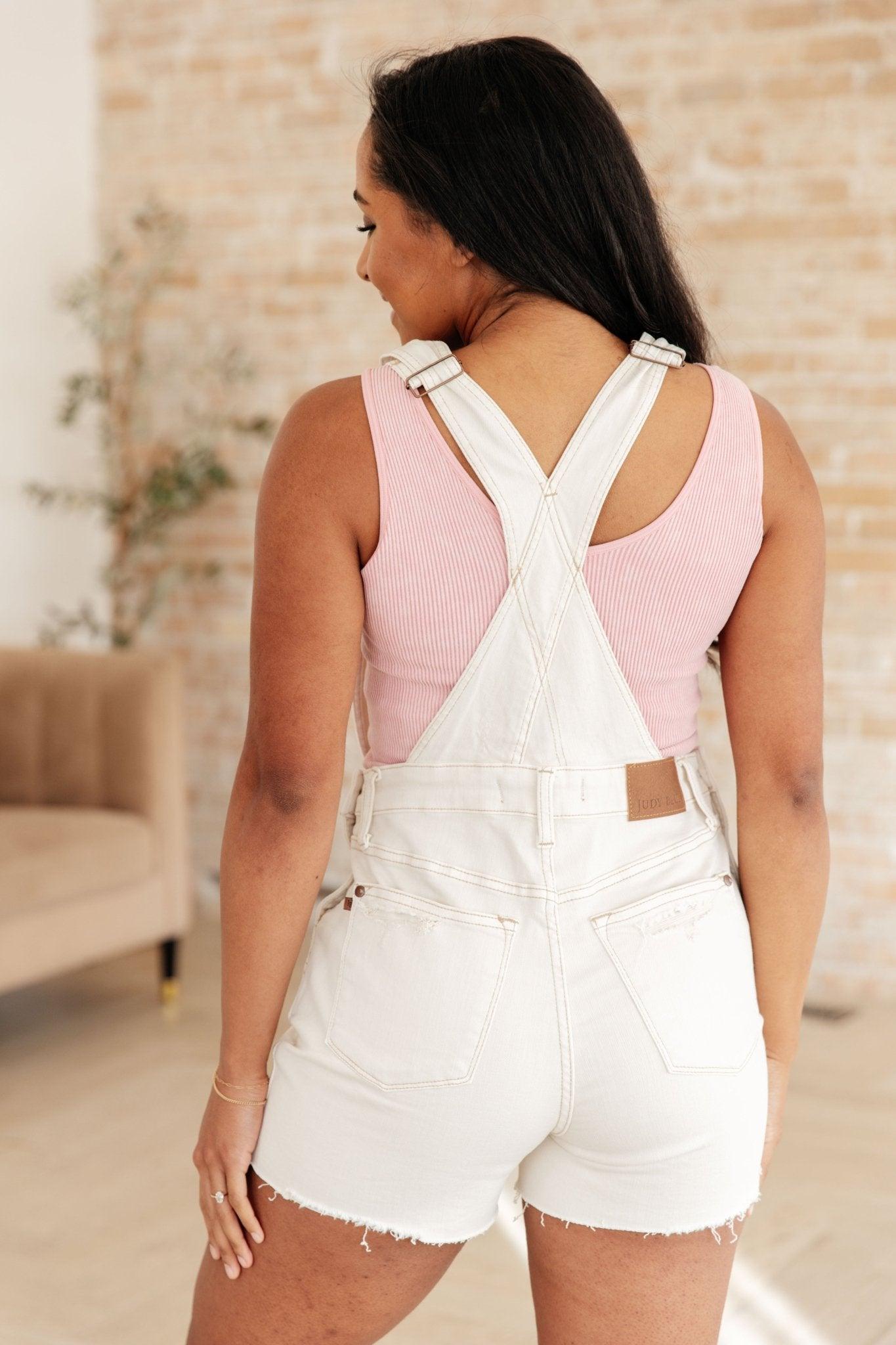 Anna High Rise Garment Dyed Cutoff Shortalls in Ecru - Love it Curvy