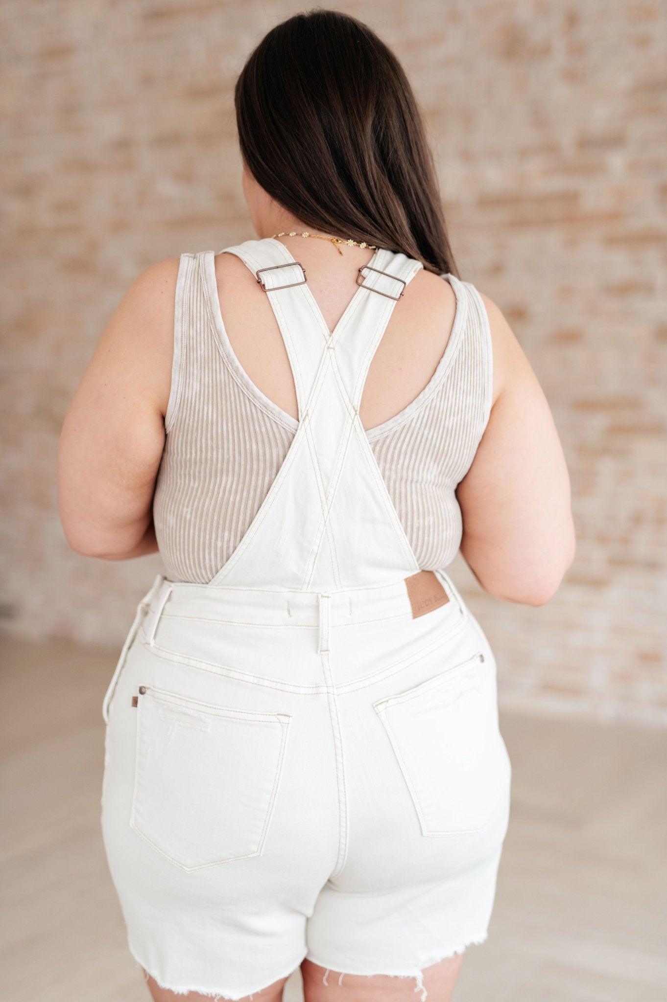 Anna High Rise Garment Dyed Cutoff Shortalls in Ecru - Love it Curvy