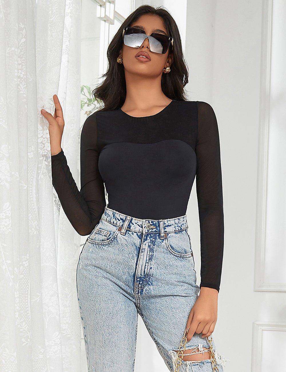 Black Double Layer Long Sleeve Bodysuit - R81222-1 - Love it Curvy