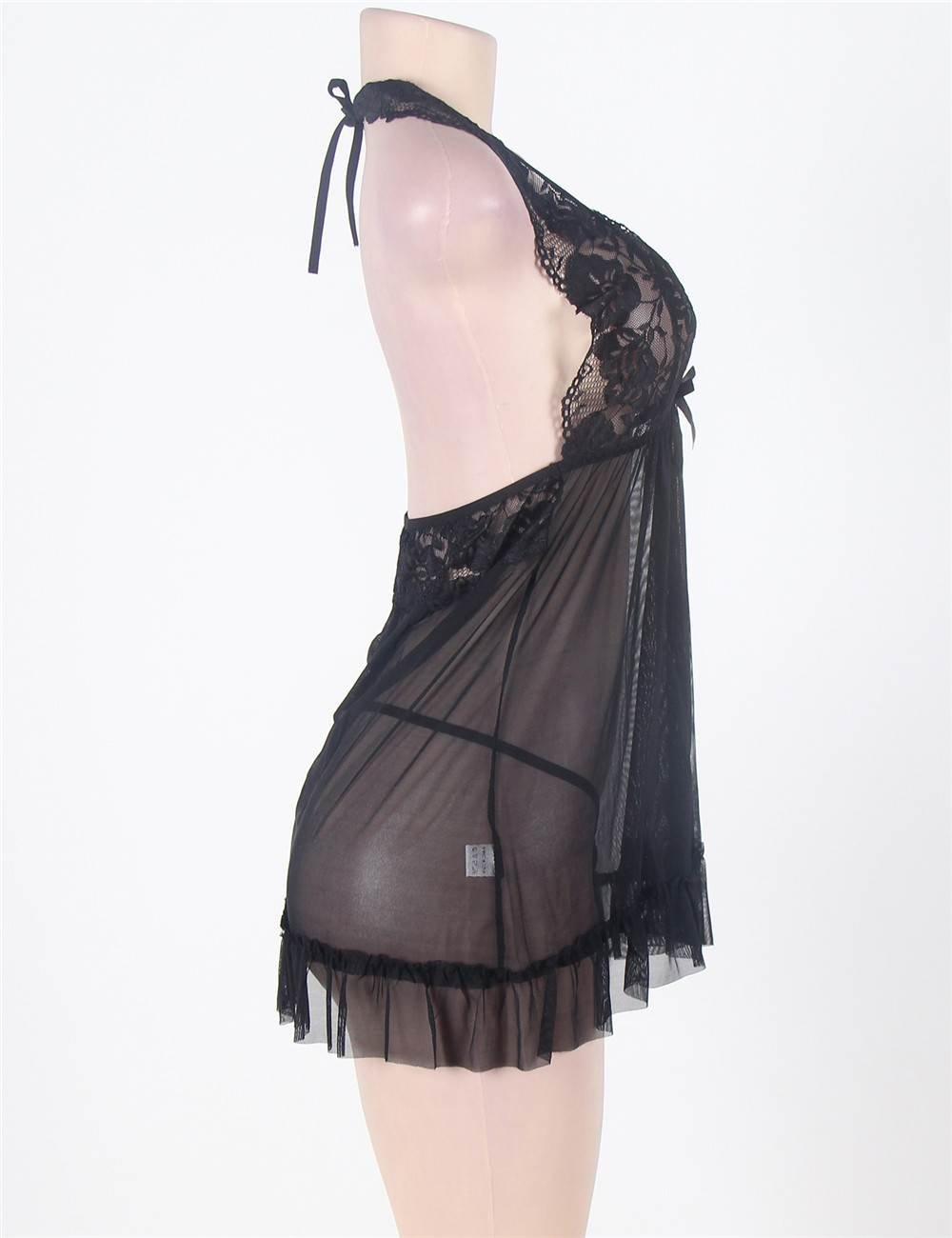 Black Lace Top Plus Size Open Back Babydoll - Love it Curvy