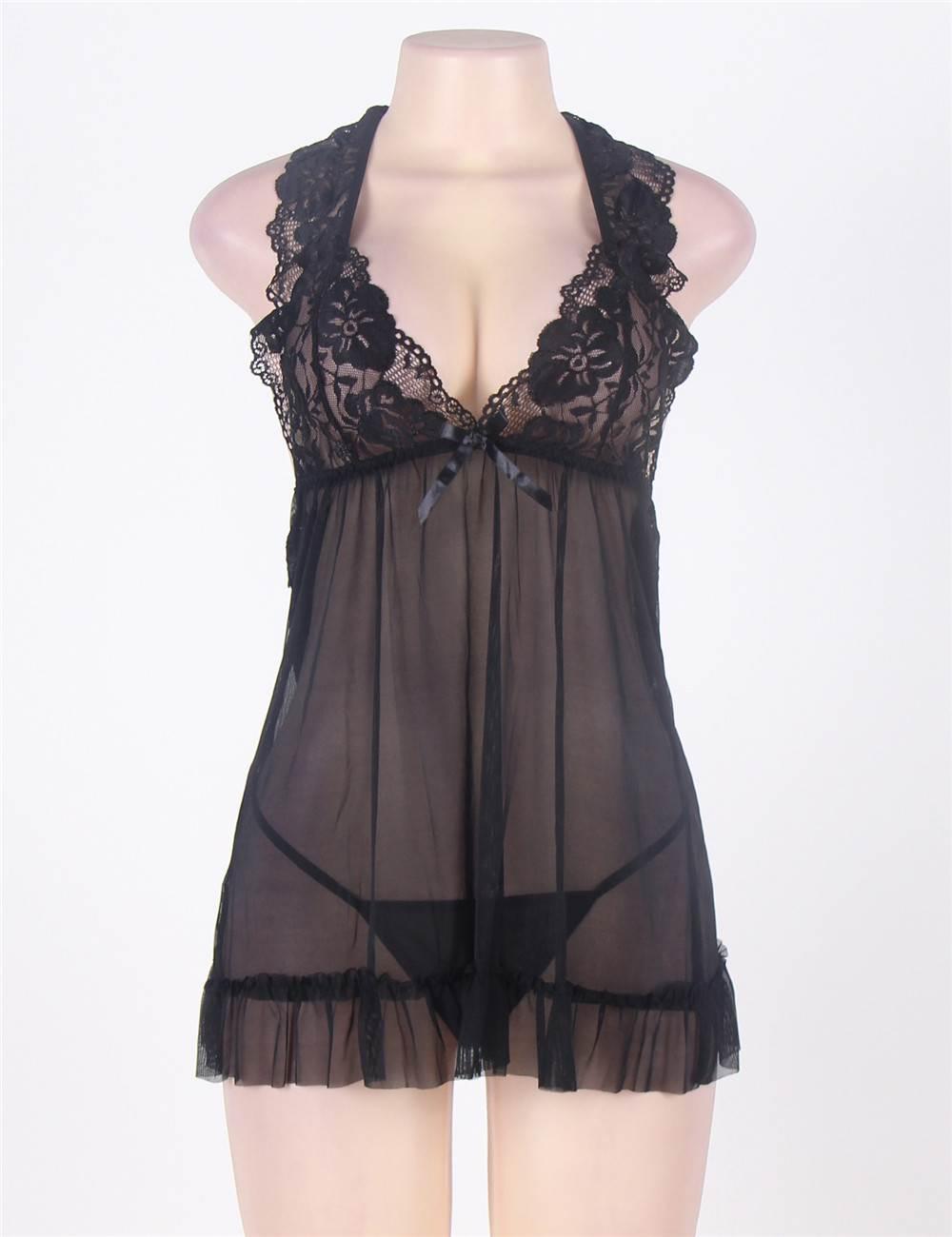 Black Lace Top Plus Size Open Back Babydoll - Love it Curvy