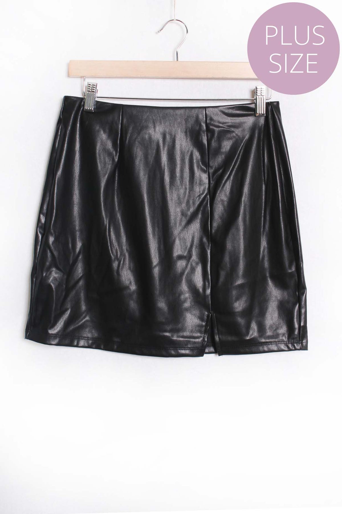 Black Plus Size High Waist Front Slit Faux Leather Mini Skirt - Love it Curvy