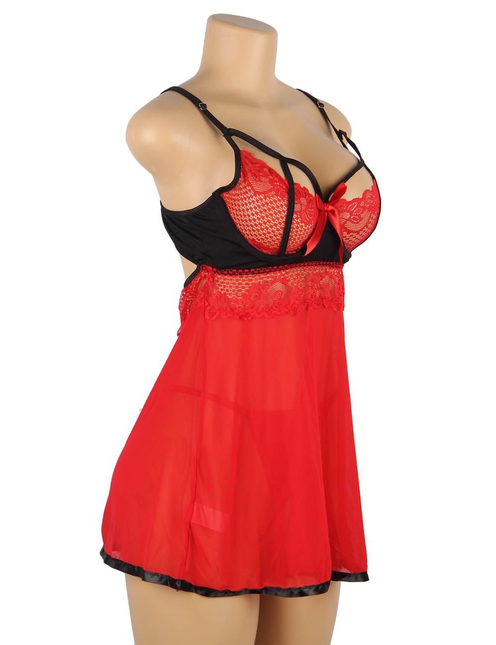 Black Red Plus Size Short Lace Sleepwear with Underwire - Love it Curvy