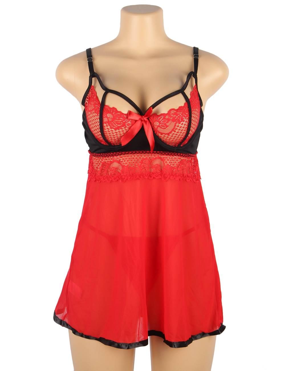 Black Red Plus Size Short Lace Sleepwear with Underwire - Love it Curvy