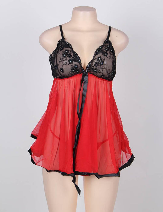 Black Red Sexy Rhinestone Plus Size See-through Nightdress - Love it Curvy