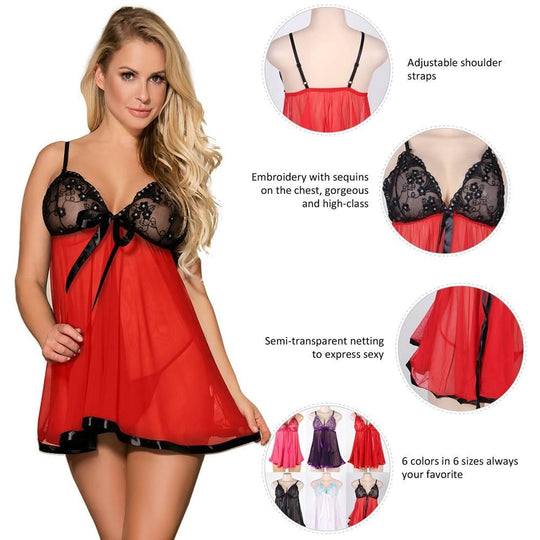 Black Red Sexy Rhinestone Plus Size See-through Nightdress - Love it Curvy