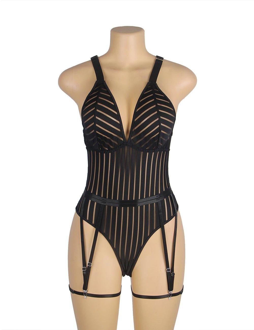 Black Striped Patterns Crossing Strap Back Design Bodysuit with Garter Belt - Love it Curvy