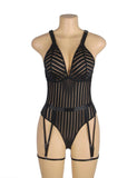 Black Striped Patterns Crossing Strap Back Design Bodysuit with Garter Belt - Love it Curvy