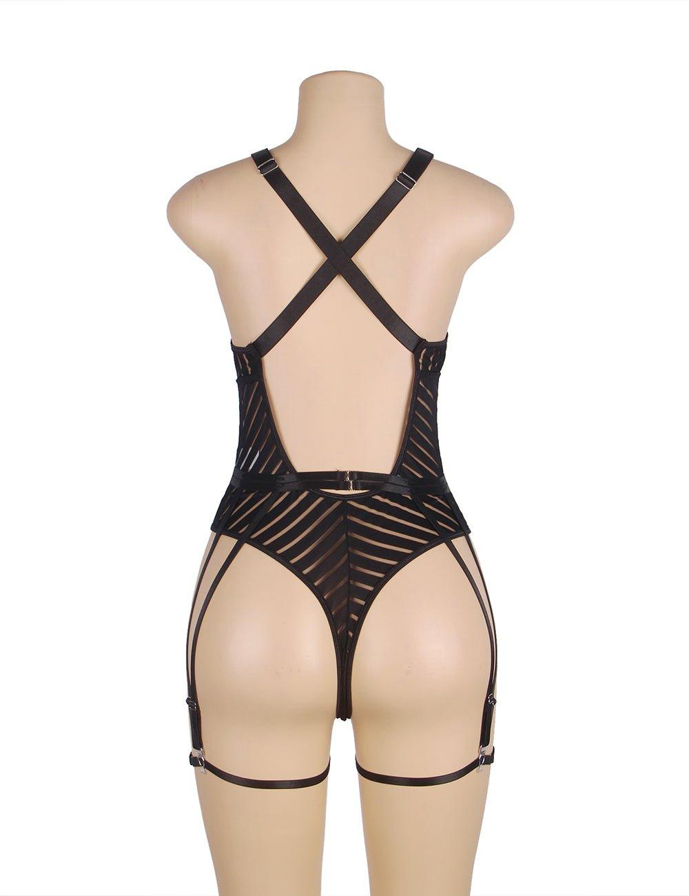 Black Striped Patterns Crossing Strap Back Design Bodysuit with Garter Belt - Love it Curvy