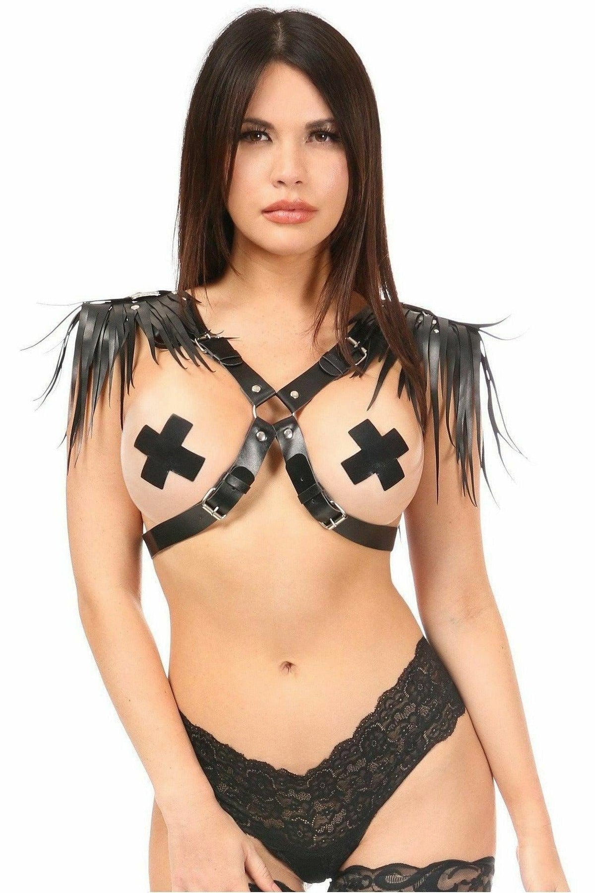Black Vegan Leather Body Harness w/Shoulder Fringe - Love it Curvy
