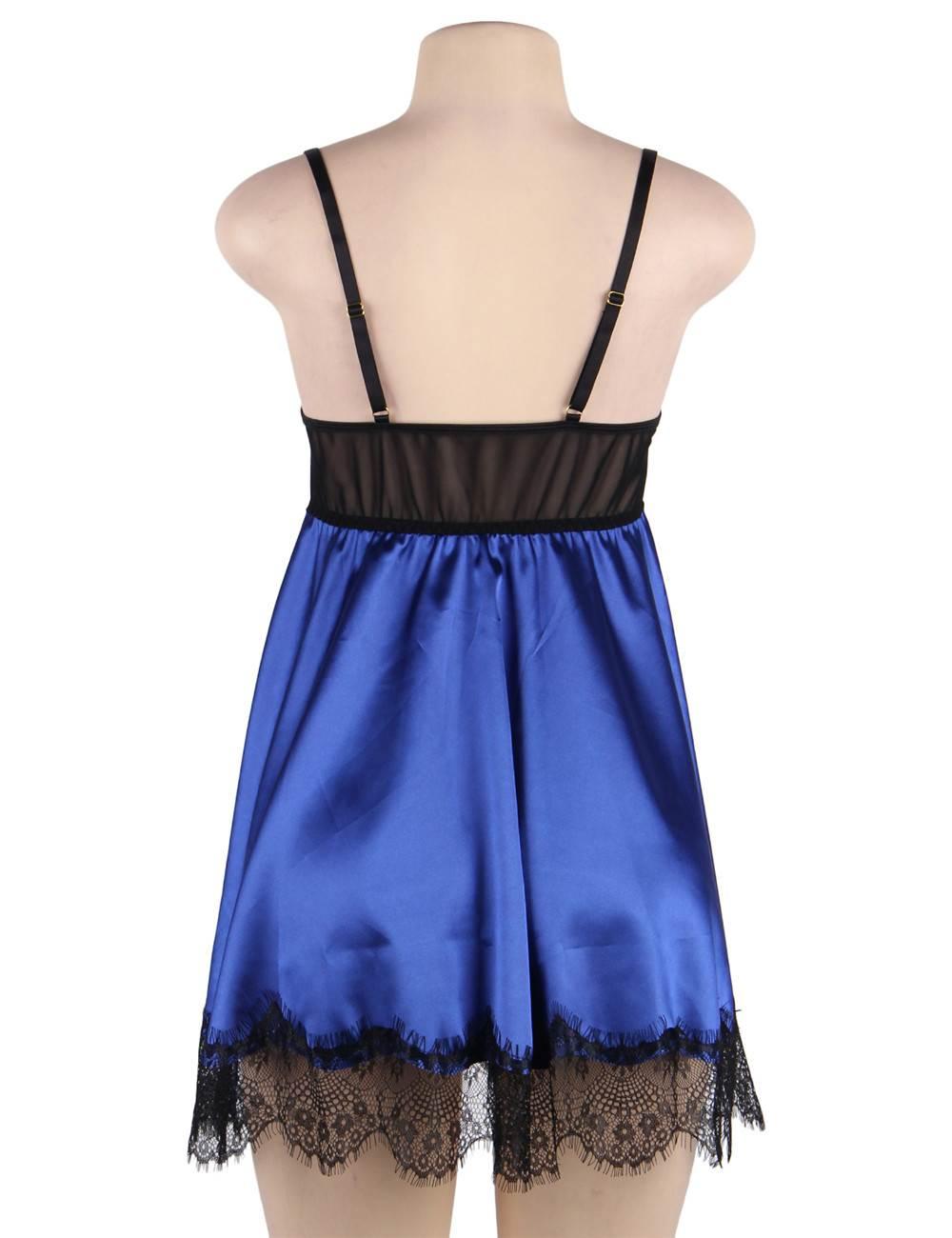 Blue Silk Eyelash Lace Plus Size Camisole Sleepwear With Blindfold - R80911-3P - Love it Curvy