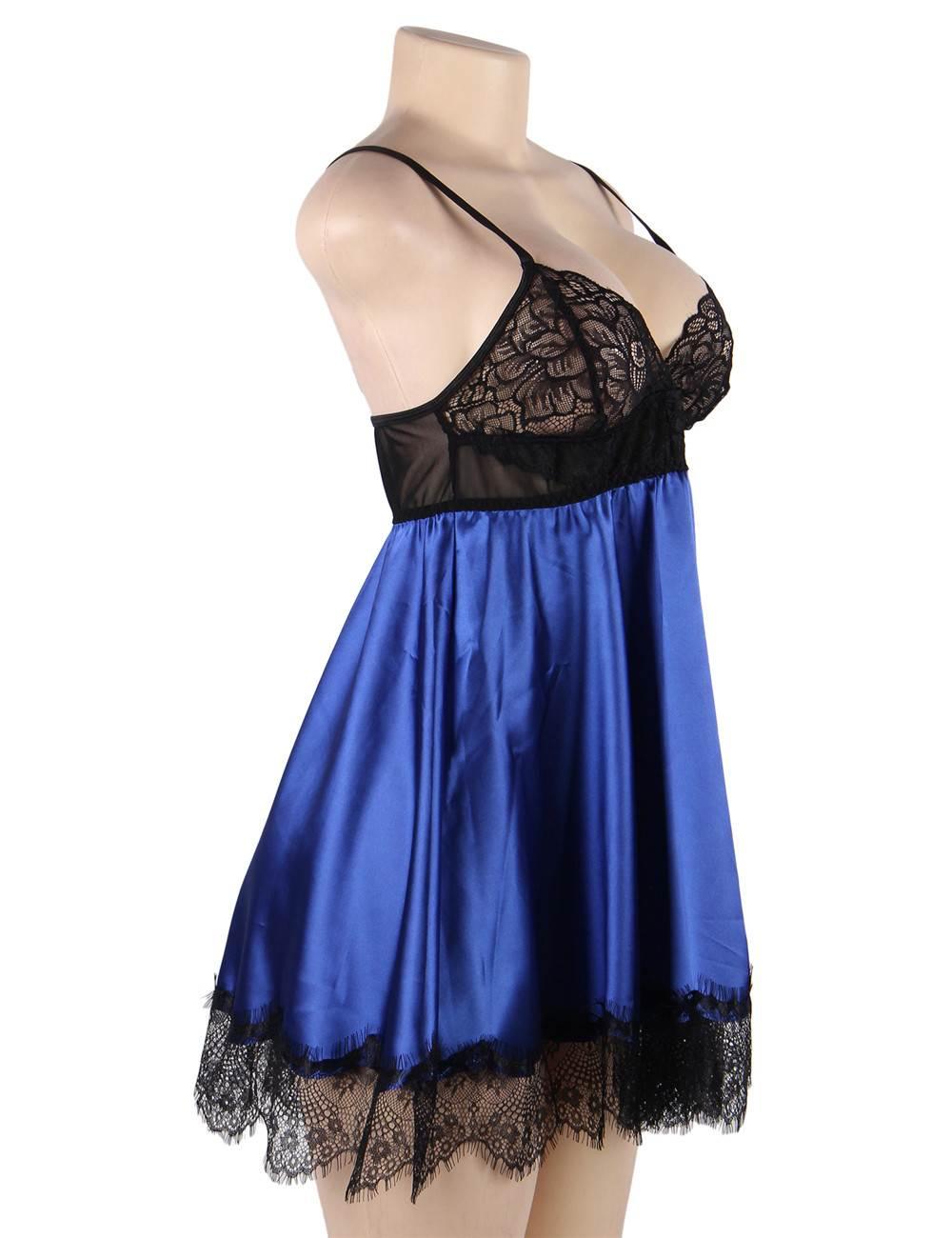 Blue Silk Eyelash Lace Plus Size Camisole Sleepwear With Blindfold - R80911-3P - Love it Curvy