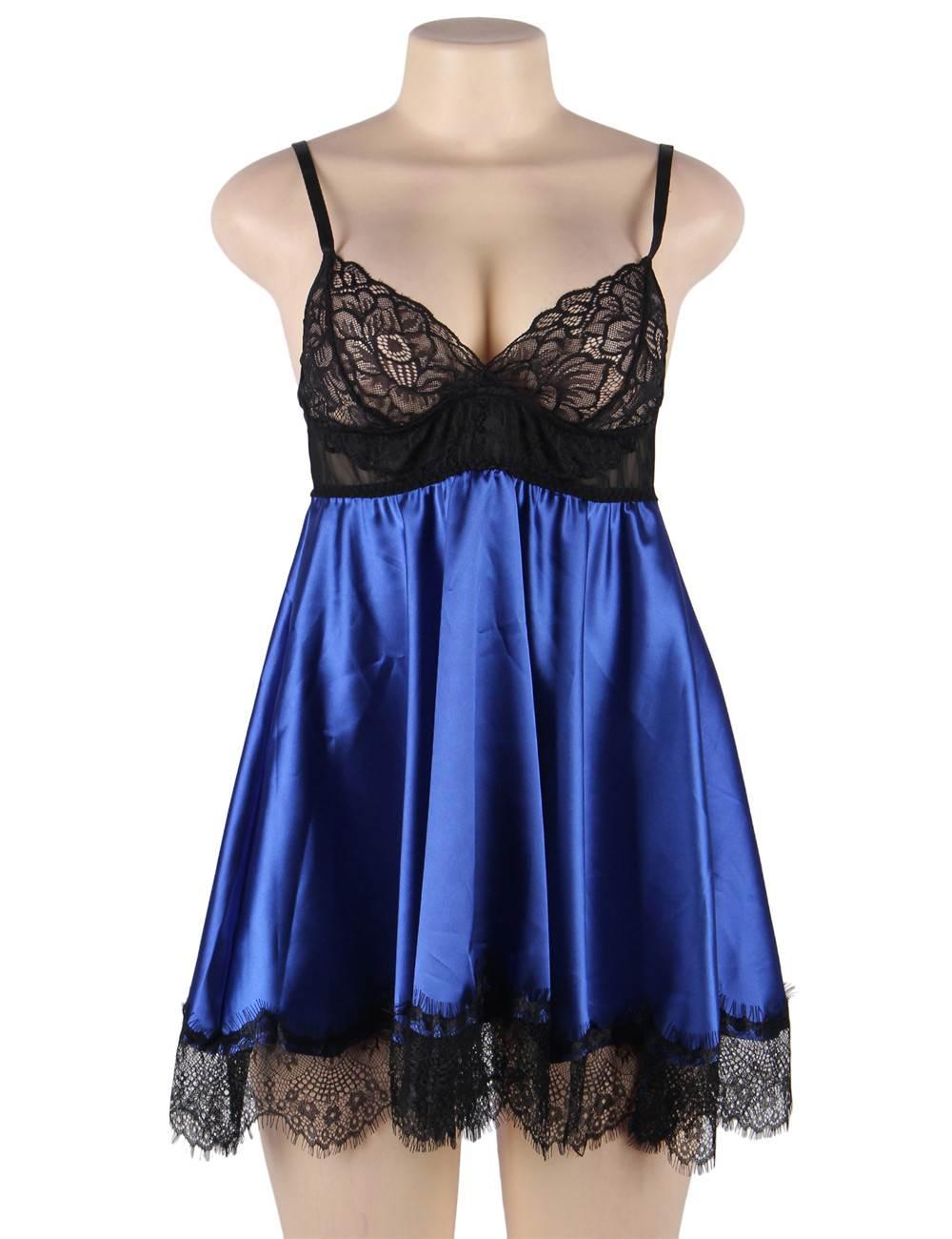 Blue Silk Eyelash Lace Plus Size Camisole Sleepwear With Blindfold - R80911-3P - Love it Curvy