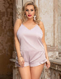 Camisole Satin Chiffon Plus Size Pink Sleepwear with Ruffle Short Pants - Love it Curvy