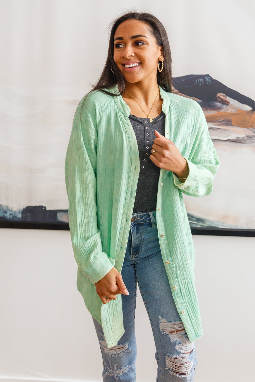 Corey Button Up Top In Vintage Green - AS5164-01 - Love it Curvy