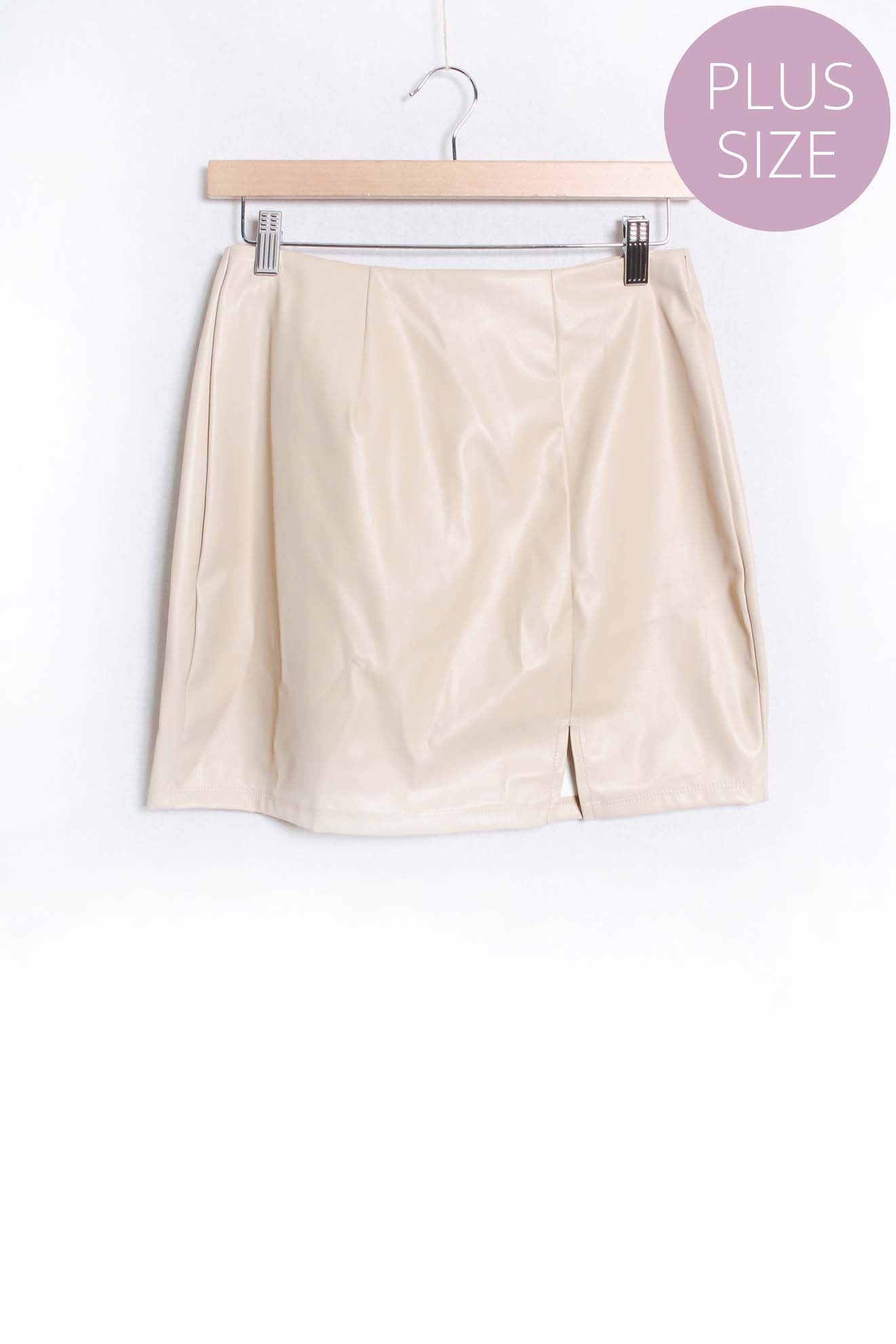 Cream Plus Size High Waist Front Slit Faux Leather Mini Skirt - NB046AJ91AX - Cream - Love it Curvy