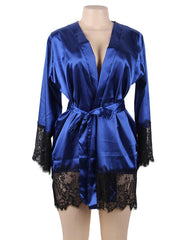 Elegant Sleepwear Silk Eyelash Lace Long Sleeves Blue Plus Size Nightdress - R80558-3P-1 - Love it Curvy