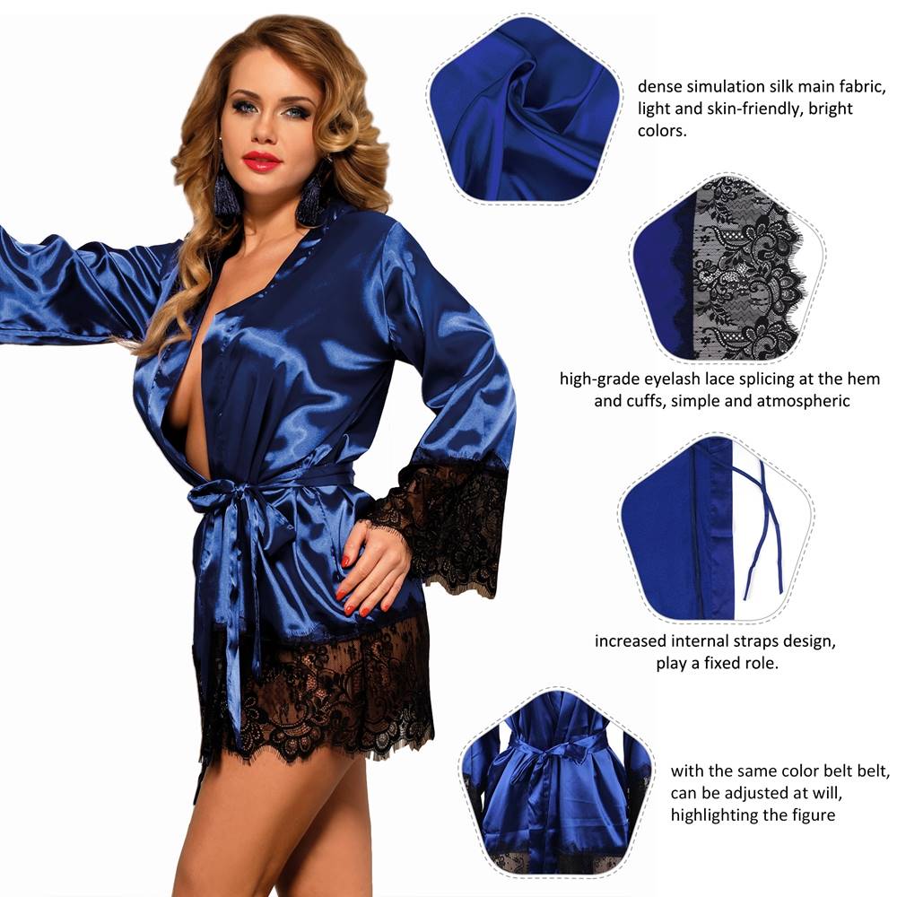 Elegant Sleepwear Silk Eyelash Lace Long Sleeves Blue Plus Size Nightdress - R80558-3P-1 - Love it Curvy