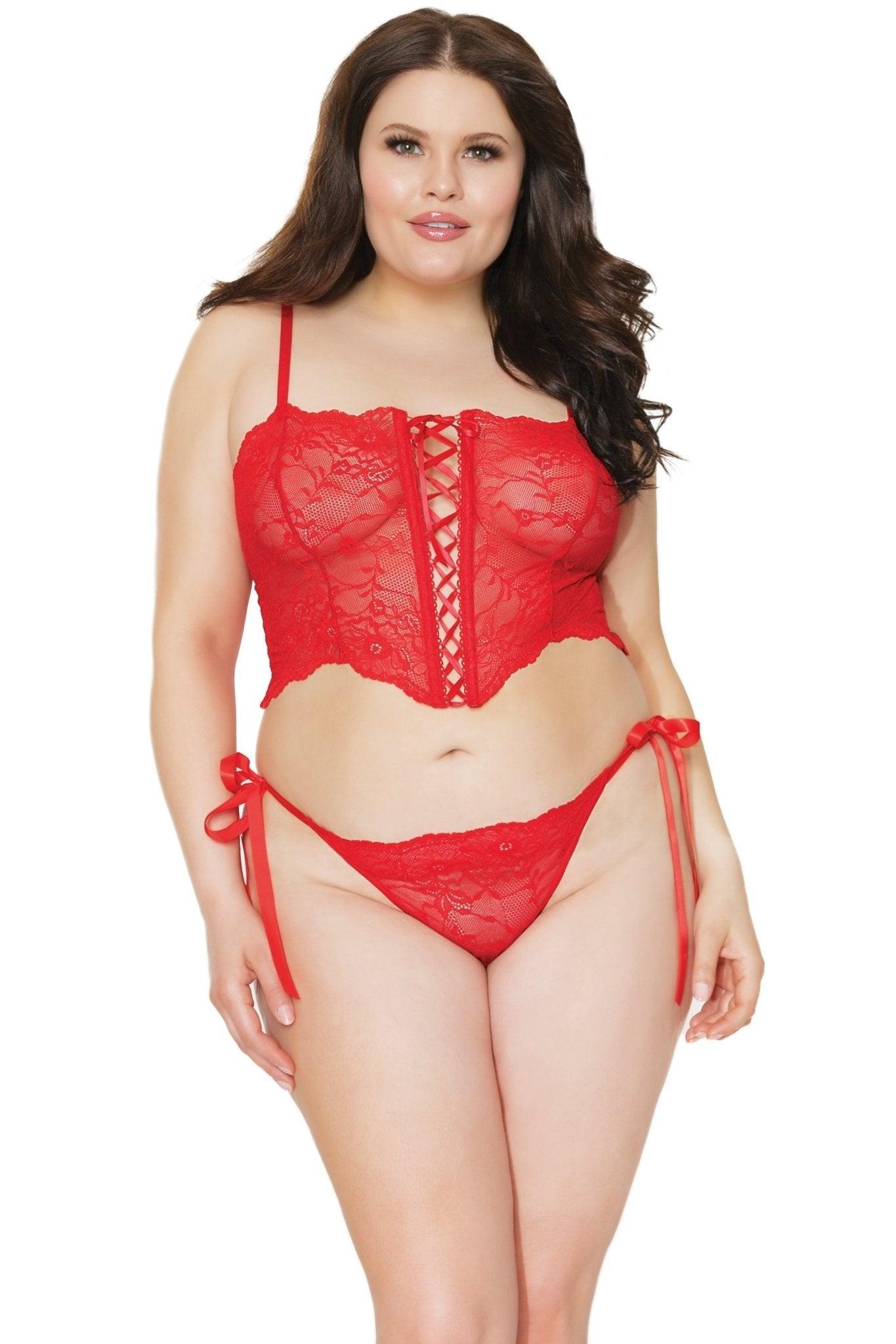 Enchanting Ribbon Lace-Up Cami & Panty Set (21307) - 21307-RED-OSXL - Love it Curvy