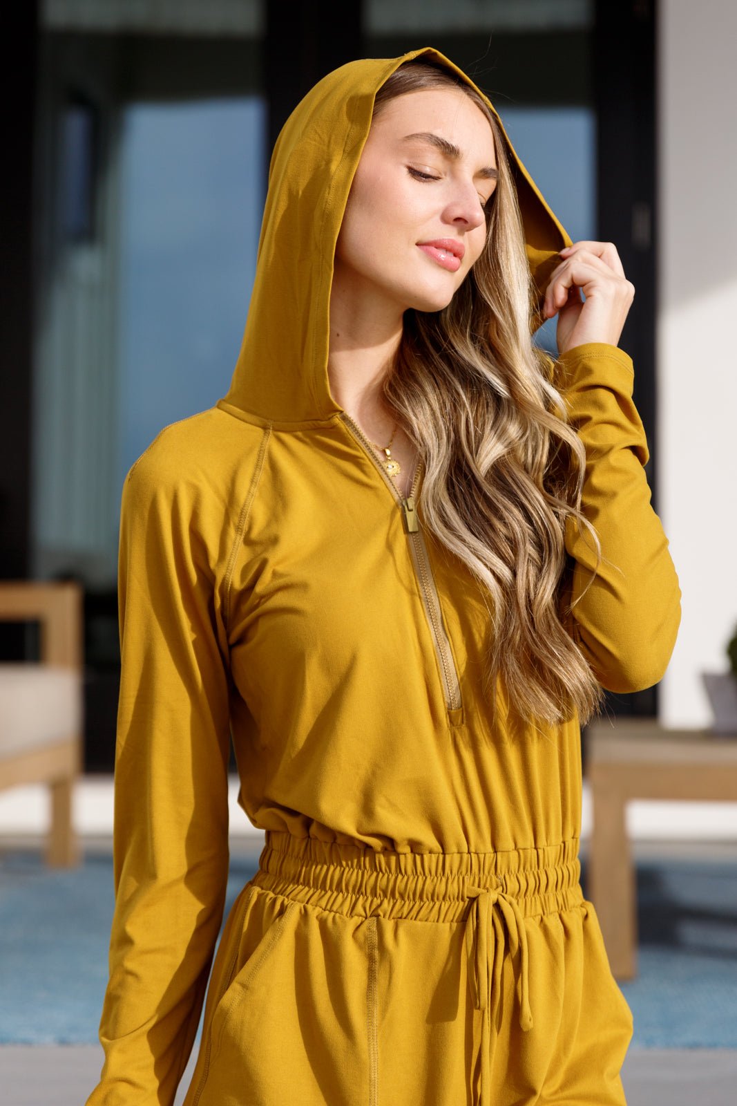 Getting Out Long Sleeve Hoodie Romper Gold Spice - AS7763-01 - Love it Curvy