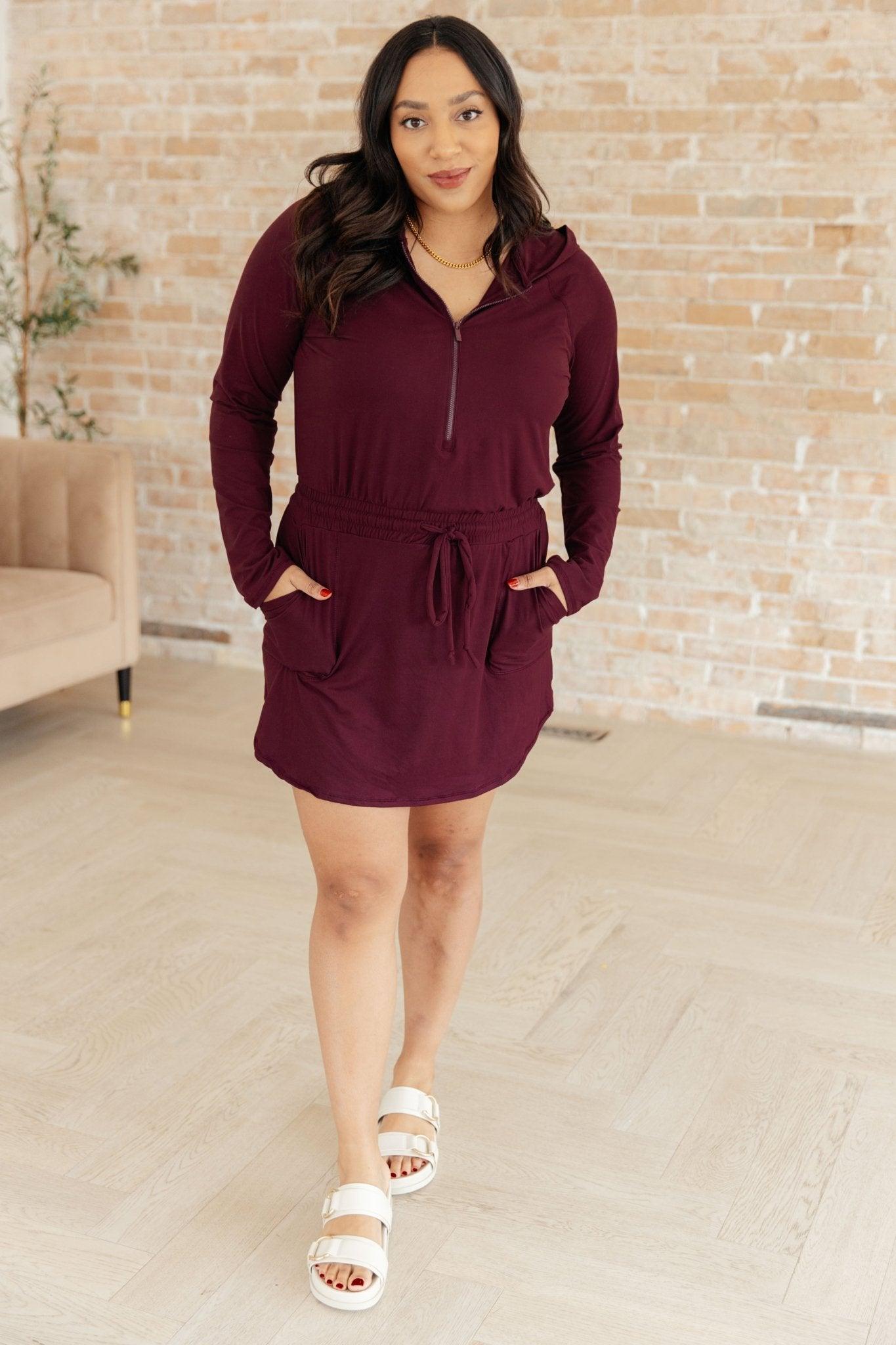 Getting Out Long Sleeve Hoodie Romper in Maroon - AS7893-01 - Love it Curvy