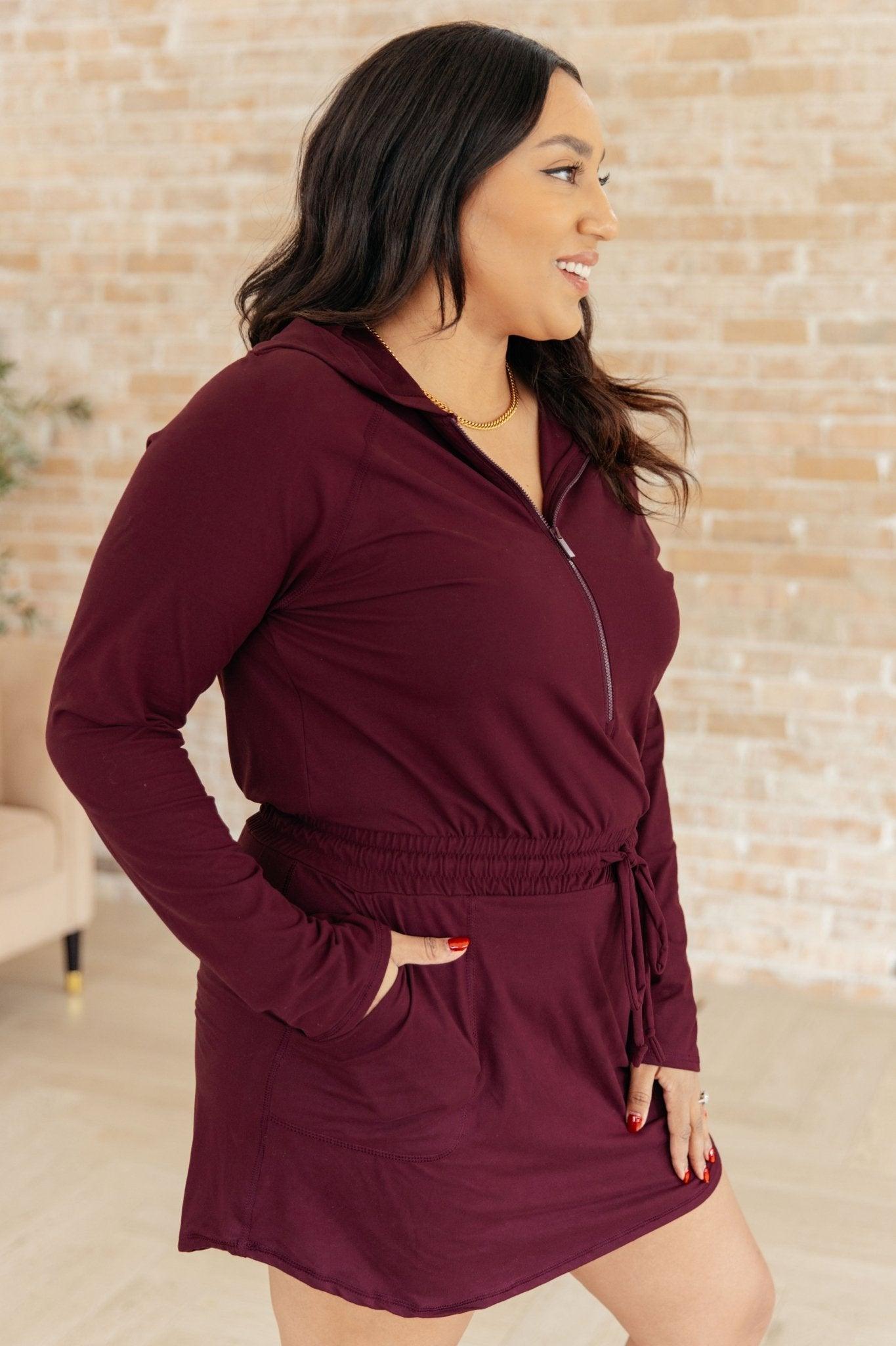 Getting Out Long Sleeve Hoodie Romper in Maroon - AS7893-01 - Love it Curvy