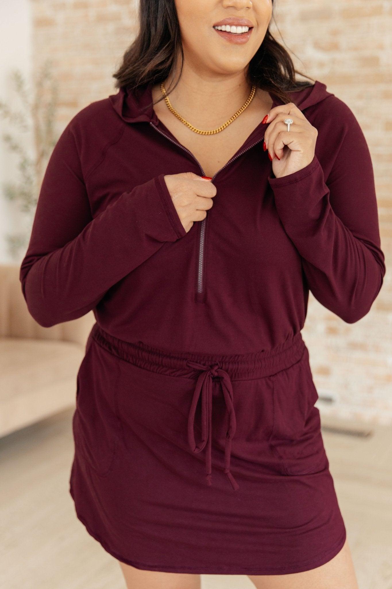 Getting Out Long Sleeve Hoodie Romper in Maroon - AS7893-01 - Love it Curvy